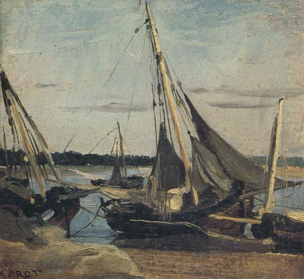 Trouville Fishing Boats Stranded in the Channel (mk40), camille corot